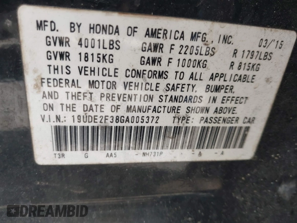 2016 Acura ILX z VIN 19UDE2F38GA005372, wystawiony jako IAAI lot #42154085 z przebiegiem Nie podano mil oraz . Historia ofert i sprzedaży dostępna na DreamBid. Obrazek 9.