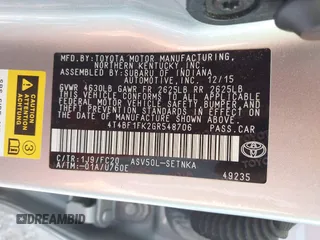 2016 Toyota Camry XLE with VIN 4T4BF1FK2GR548706, listed as a IAAI auction lot 41965363 with 70,284 mi miles and . Bid and sale history available at carsss.com. Image 9.