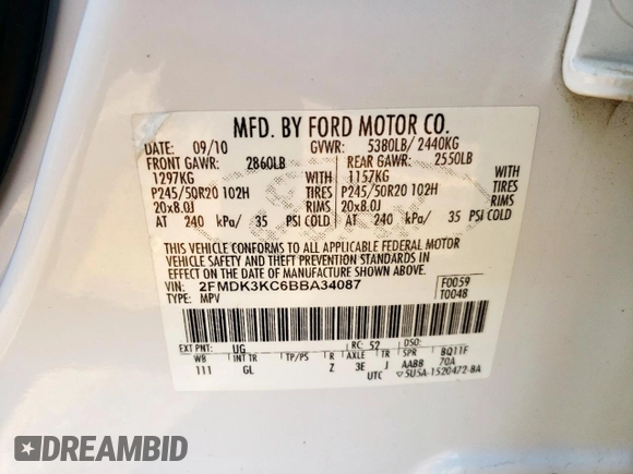 2011 Ford Edge Limited with VIN 2FMDK3KC6BBA34087, listed as a Copart auction lot 62567215 with 219,552 mi miles and Salvage title. Bid and sale history available at DreamBid. Image 13.