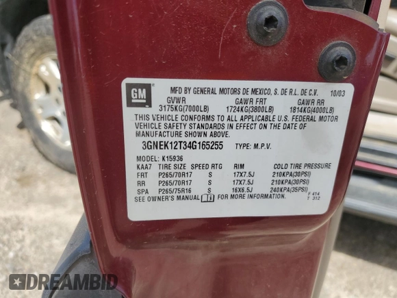 2004 Chevrolet Avalanche z VIN 3GNEK12T34G165255, wystawiony jako Copart lot #55272085 z przebiegiem Nie podano mil oraz Szkoda całkowita • Salvage title. Historia ofert i sprzedaży dostępna na DreamBid. Obrazek 13.