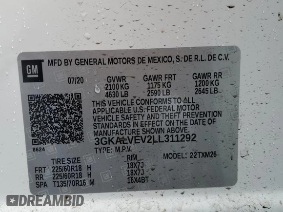2020 GMC Terrain SLT with VIN 3GKALVEV2LL311292, listed as a Copart auction lot 57262385 with 76,642 mi miles and Salvage title. Bid and sale history available at DreamBid. Image 13.