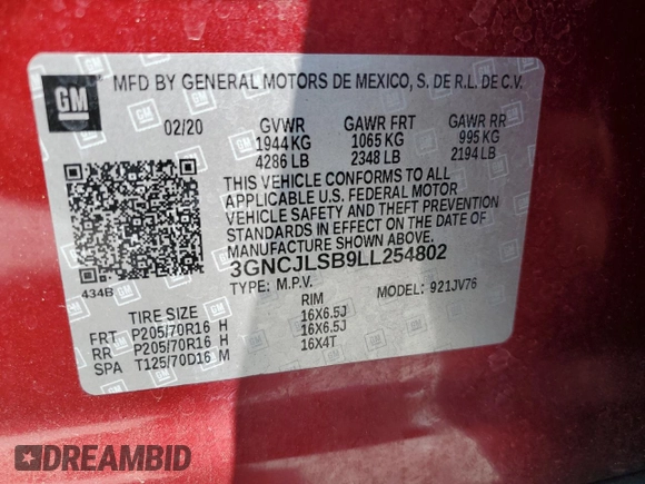 2020 Chevrolet Trax LT with VIN 3GNCJLSB9LL254802, listed as a Copart auction lot 52716865 with 59,831 mi miles and Salvage Title. Bid and sale history available at carsss.com. Image 14.