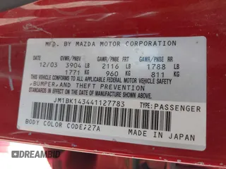 2004 Mazda 3 s with VIN JM1BK143441127783, listed as a IAAI auction lot 42047626 with 194,951 mi miles and . Bid and sale history available at DreamBid. Image 9.