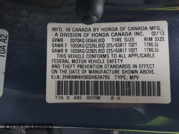 2013 Honda CR-V EX with VIN 2HKRM4H56DH634795, listed as a IAAI auction lot 41996408 with 233,756 mi miles and . Bid and sale history available at carsss.com. Image 9.