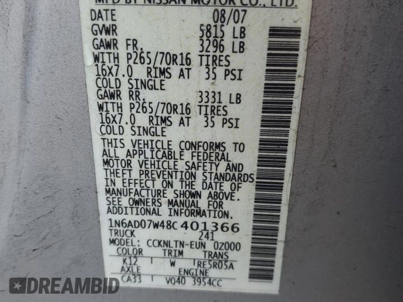 2008 Nissan Frontier SE with VIN 1N6AD07W48C401366, listed as a Copart auction lot 53807425 with 182,450 mi miles and Clean title. Bid and sale history available at DreamBid. Image 12.