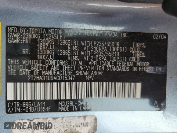 2004 Lexus RX 330 with VIN 2T2HA31U94C015347, listed as a Copart auction lot 56762195 with 185,341 mi miles and Clean Title. Bid and sale history available at DreamBid. Image 13.