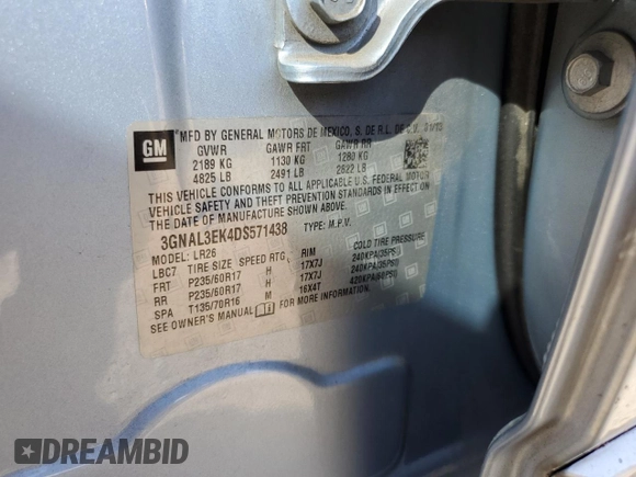 2013 Chevrolet Captiva Sport LT with VIN 3GNAL3EK4DS571438, listed as a Copart auction lot 81275104 with 242,841 mi miles and Salvage Title. Bid and sale history available at DreamBid. Image 16.