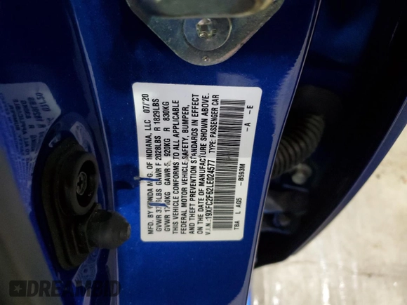 2020 Honda Civic LX with VIN 19XFC2F62LE024577, listed as a Copart auction lot 50799335 with 27,215 mi miles and Salvage Title. Bid and sale history available at DreamBid. Image 12.