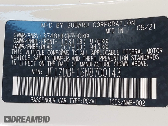 2022 Subaru BRZ Limited with VIN JF1ZDBF16N8700143, listed as a IAAI auction lot 41516860 with 39,183 mi miles and . Bid and sale history available at DreamBid. Image 9.