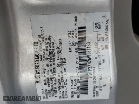 2006 Ford Focus S with VIN 1FAFP37N26W161180, listed as a Copart auction lot 53371665 with Not provided miles and Salvage title. Bid and sale history available at DreamBid. Image 12.