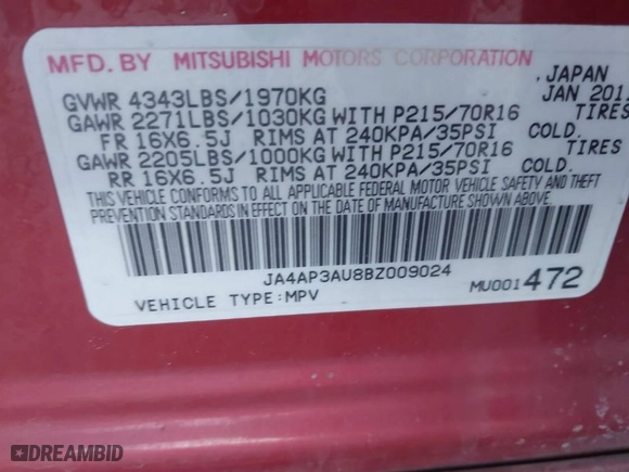 2011 Mitsubishi Outlander Sport ES with VIN JA4AP3AU8BZ009024, listed as a IAAI auction lot 41486821 with 221,044 mi miles. Bid and sale history available at carsss.com. Image 9.