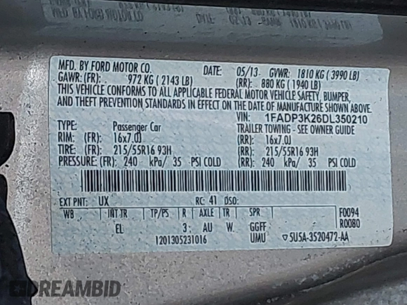 2013 Ford Focus SE with VIN 1FADP3K26DL350210, listed as a IAAI auction lot 41822980 with 124,569 mi miles and . Bid and sale history available at carsss.com. Image 9.