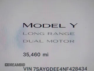 2022 Tesla Model Y Long Range with VIN 7SAYGDEE4NF428434, listed as a IAAI auction lot 41578503 with 35,460 mi miles and . Bid and sale history available at DreamBid. Image 7.