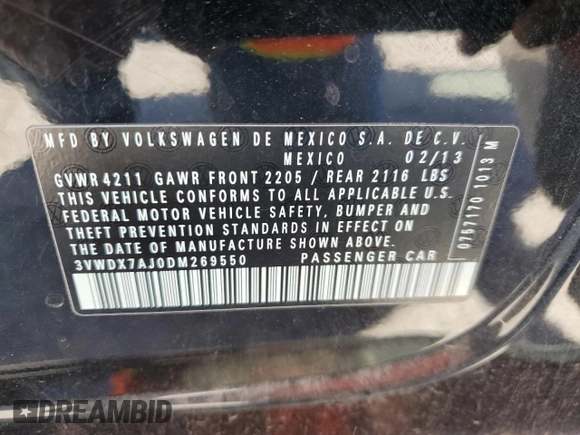 2013 Volkswagen Jetta SE with VIN 3VWDX7AJ0DM269550, listed as a Copart auction lot 74886184 with 130,181 mi miles and Salvage title. Bid and sale history available at DreamBid. Image 14.