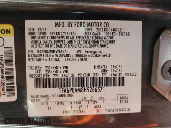 2017 Ford Mustang V6 with VIN 1FA6P8AM8H5266571, listed as a Copart auction lot 50391225 with 98,344 mi miles and Salvage Title. Bid and sale history available at carsss.com. Image 12.