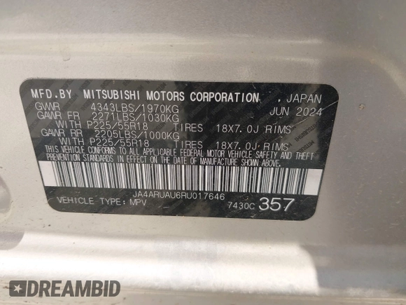 2024 Mitsubishi Outlander S z VIN JA4ARUAU6RU017646, wystawiony jako IAAI lot #42155361 z przebiegiem 1 044 mil mil oraz . Historia ofert i sprzedaży dostępna na DreamBid. Obrazek 9.