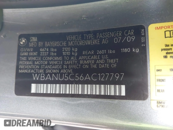 2010 BMW 5 Series 528i with VIN WBANU5C56AC127797, listed as a IAAI auction lot 42128290 with 137,578 mi miles and . Bid and sale history available at carsss.com. Image 9.
