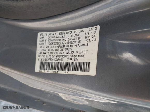 2006 Honda CR-V EX SE with VIN JHLRD78946C045959, listed as a IAAI auction lot 42039888 with 105,665 mi miles. Bid and sale history available at carsss.com. Image 9.