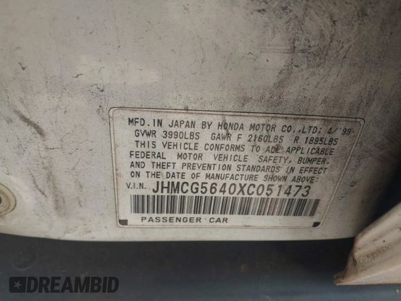1999 Honda Accord LX z VIN JHMCG5640XC051473, wystawiony jako IAAI lot #42455960 z przebiegiem 200 284 mil mil oraz . Historia ofert i sprzedaży dostępna na DreamBid. Obrazek 9.