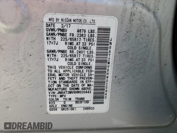 2017 Nissan Rogue S with VIN JN8AT2MV8HW020443, listed as a Copart auction lot 48401755 with 120,109 mi miles and Salvage Title. Bid and sale history available at carsss.com. Image 16.