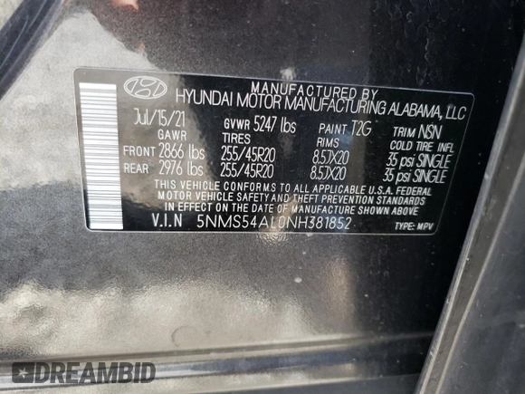 2022 Hyundai Santa Fe Calligraphy with VIN 5NMS54AL0NH381852, listed as a Copart auction lot 53951614 with 36,304 mi miles and Salvage Title. Bid and sale history available at carsss.com. Image 13.