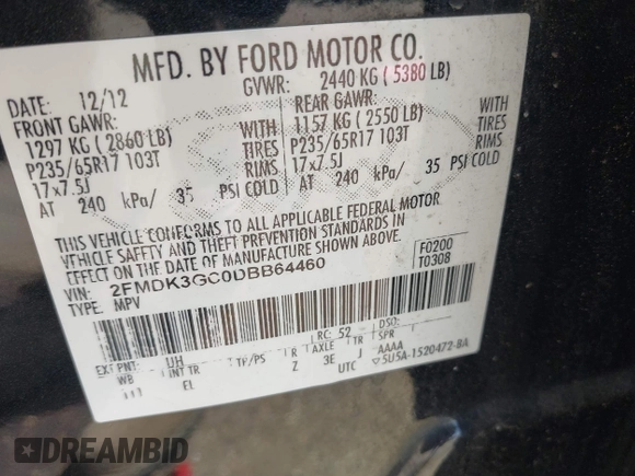 2013 Ford Edge SE with VIN 2FMDK3GC0DBB64460, listed as a IAAI auction lot 42553538 with 237,765 mi miles and . Bid and sale history available at DreamBid. Image 9.