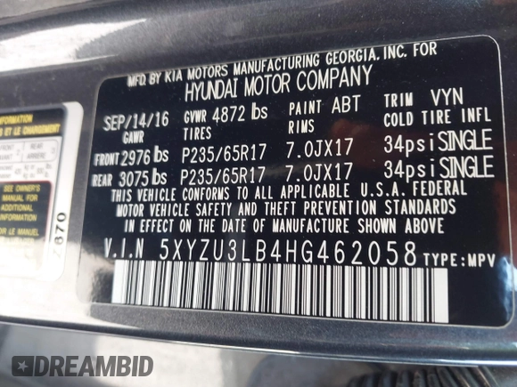 2017 Hyundai Santa Fe 2.4L z VIN 5XYZU3LB4HG462058, wystawiony jako IAAI lot #41861190 z przebiegiem 87 102 mil mil oraz . Historia ofert i sprzedaży dostępna na DreamBid. Obrazek 9.