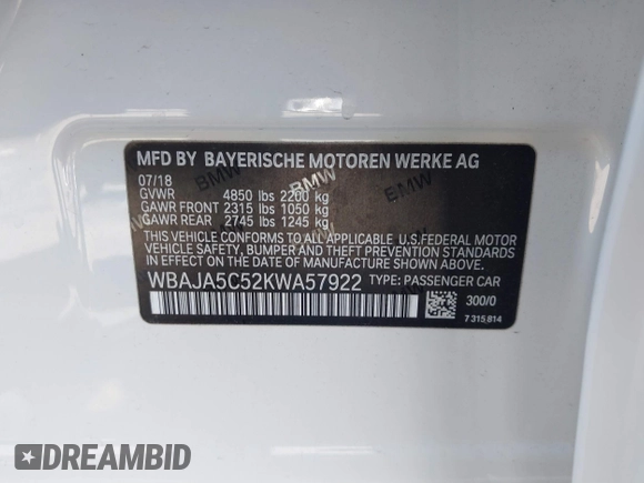2019 BMW 5 Series 530i с VIN WBAJA5C52KWA57922, выставлен на аукционе IAAI как лот 40896802 с пробегом 60 562 миль миль и . История ставок и продаж доступна на DreamBid. Изображение 9.