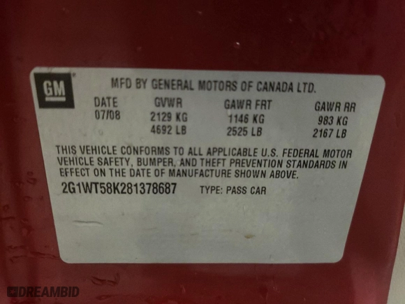 2008 Chevrolet Impala LT with VIN 2G1WT58K281378687, listed as a Copart auction lot 51318055 with 133,578 mi miles and Salvage Title. Bid and sale history available at carsss.com. Image 12.