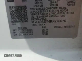 2024 GMC Sierra 3500HD Pro z VIN 1GT49SEY4RF276676, wystawiony jako Copart lot #73758974 z przebiegiem 17 307 mil mil oraz Szkoda całkowita • Salvage title. Historia ofert i sprzedaży dostępna na DreamBid. Obrazek 14.