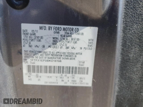 2011 Ford F-150 XL with VIN 1FTFX1EF0BKD18166, listed as a Copart auction lot 53278655 with 268,304 mi miles and Clean Title. Bid and sale history available at carsss.com. Image 12.