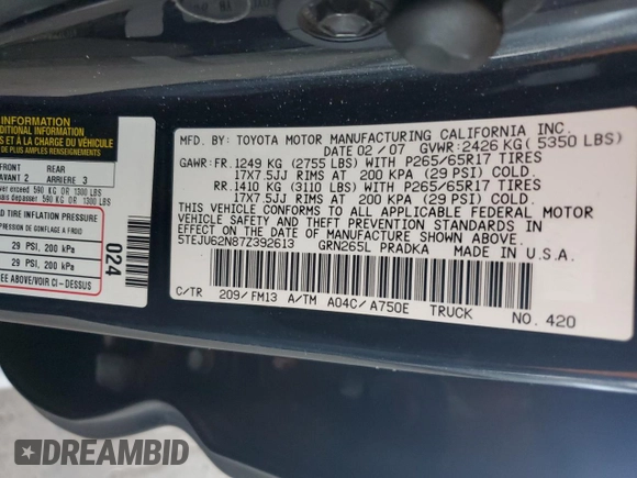 2007 Toyota Tacoma PreRunner with VIN 5TEJU62N87Z392613, listed as a Copart auction lot 53276515 with 138,541 mi miles and Salvage Title. Bid and sale history available at DreamBid. Image 12.