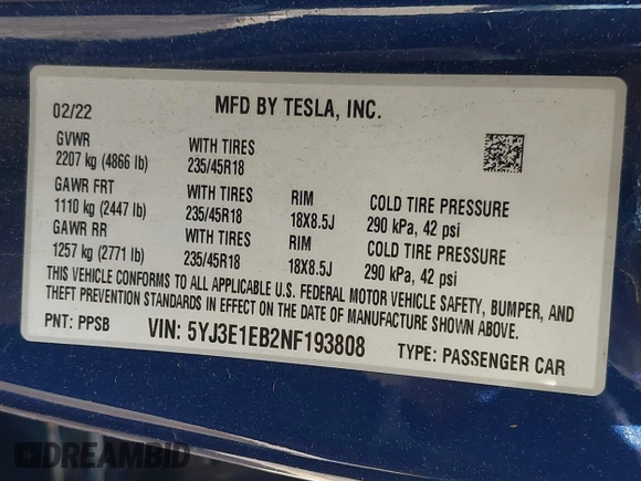 2022 Tesla Model 3 Long Range z VIN 5YJ3E1EB2NF193808, wystawiony jako IAAI lot #42281993 z przebiegiem 40 340 mil mil oraz . Historia ofert i sprzedaży dostępna na DreamBid. Obrazek 9.