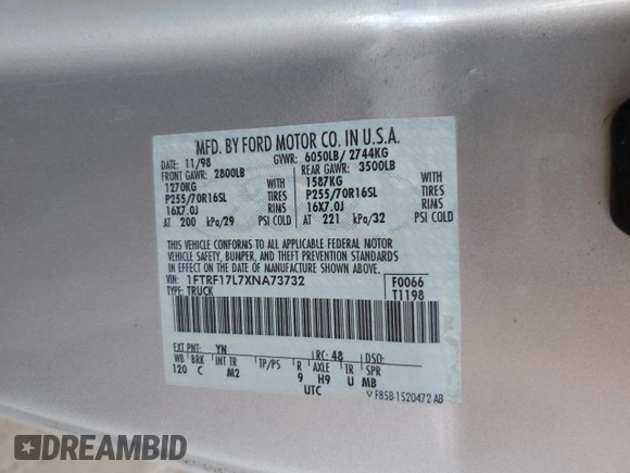 1999 Ford F-150 XL with VIN 1FTRF17L7XNA73732, listed as a Copart auction lot 74388514 with Not provided miles and Clean title. Bid and sale history available at DreamBid. Image 12.