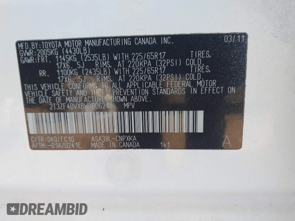 2011 Toyota RAV4 with VIN 2T3ZF4DVXBW080621, listed as a IAAI auction lot 41875916 with 180,632 mi miles and . Bid and sale history available at DreamBid. Image 9.