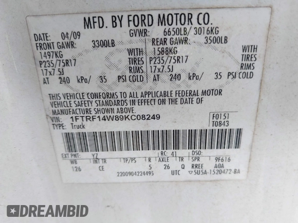 2009 Ford F-150 XL with VIN 1FTRF14W89KC08249, listed as a IAAI auction lot 42284374 with 278,826 mi miles and . Bid and sale history available at DreamBid. Image 9.