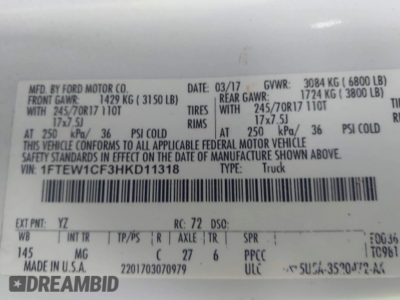 2017 Ford F-150 XL with VIN 1FTEW1CF3HKD11318, listed as a IAAI auction lot 42302223 with 247,713 mi miles and . Bid and sale history available at DreamBid. Image 9.