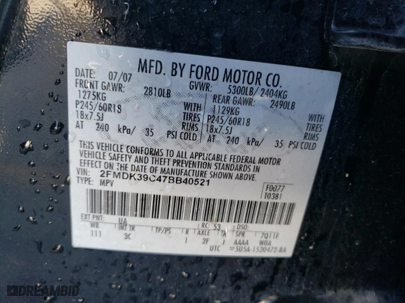 2007 Ford Edge SEL PLUS with VIN 2FMDK39C47BB40521, listed as a Copart auction lot 88115785 with 151,055 mi miles and Salvage Title. Bid and sale history available at carsss.com. Image 13.