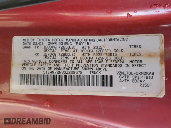 2003 Toyota Tacoma with VIN 5TEWN72N33Z229578, listed as a Copart auction lot 54907355 with 199,199 mi miles and Salvage Title. Bid and sale history available at carsss.com. Image 12.