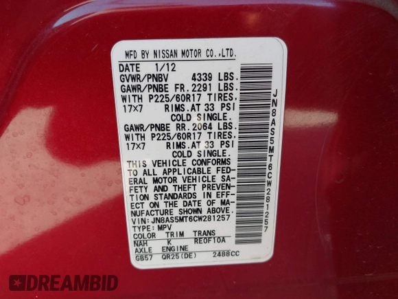 2012 Nissan Rogue SL with VIN JN8AS5MT6CW281257, listed as a IAAI auction lot 41631409 with 145,844 mi miles and . Bid and sale history available at DreamBid. Image 9.