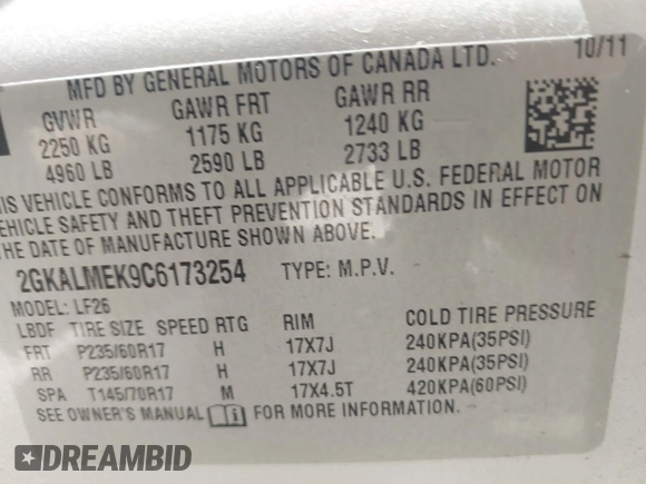 2012 GMC Terrain SLE-1 with VIN 2GKALMEK9C6173254, listed as a IAAI auction lot 42580819 with 181,836 mi miles and . Bid and sale history available at DreamBid. Image 9.