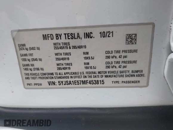 2021 Tesla Model S Long Range with VIN 5YJSA1E57MF453815, listed as a IAAI auction lot 41818700 with 51,176 mi miles and . Bid and sale history available at DreamBid. Image 9.