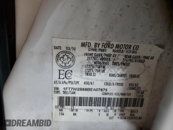 2011 Ford F-250 XL z VIN 1FT7W2B68BEA07875, wystawiony jako Copart lot #59719895 z przebiegiem 191 080 mil mil oraz Szkoda całkowita • Salvage title. Historia ofert i sprzedaży dostępna na DreamBid. Obrazek 12.