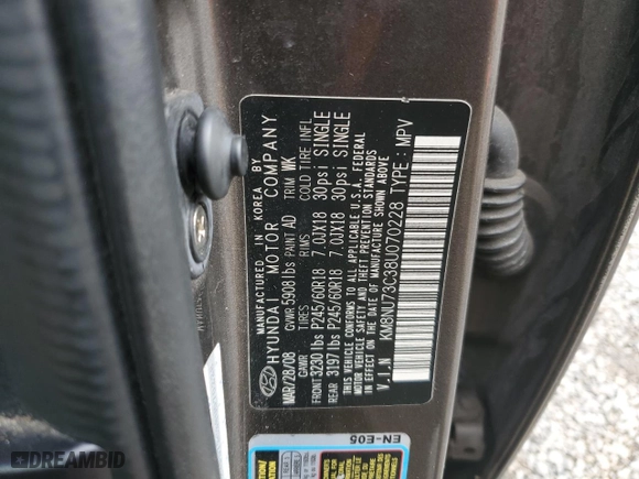 2008 Hyundai Veracruz GLS with VIN KM8NU73C38U070228, listed as a Copart auction lot 49423535 with 179,090 mi miles and Clean Title. Bid and sale history available at carsss.com. Image 13.