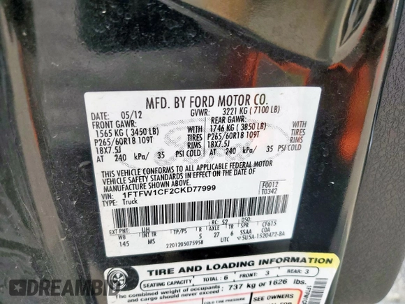2012 Ford F-150 XL z VIN 1FTFW1CF2CKD77999, wystawiony jako Copart lot #57271655 z przebiegiem 168 577 mil mil oraz Szkody całkowita. Historia ofert i sprzedaży dostępna na DreamBid. Obrazek 13.
