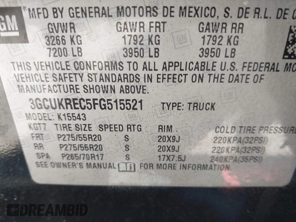 2015 Chevrolet Silverado 1500 LT with VIN 3GCUKREC5FG515521, listed as a IAAI auction lot 42116115 with 146,615 mi miles and . Bid and sale history available at DreamBid. Image 9.