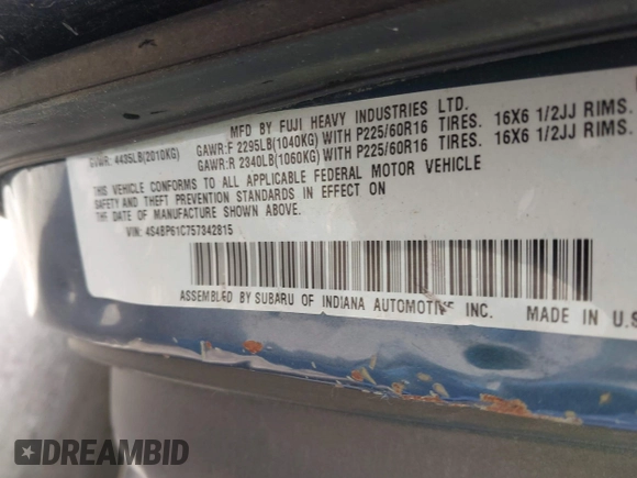 2005 Subaru Legacy Outback with VIN 4S4BP61C757342815, listed as a IAAI auction lot 42682407 with 148,862 mi miles and . Bid and sale history available at DreamBid. Image 9.