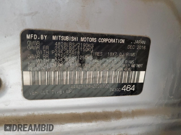 2017 Mitsubishi Outlander SE with VIN JA4AZ3A34HZ026302, listed as a Copart auction lot 53901205 with 195,965 mi miles and Clean title. Bid and sale history available at DreamBid. Image 14.