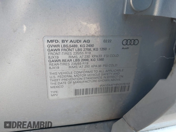 2022 Audi Q5 S line Premium Plus with VIN WA1EAAFY8N2075153, listed as a IAAI auction lot 42317317 with 67,230 mi miles and . Bid and sale history available at DreamBid. Image 9.