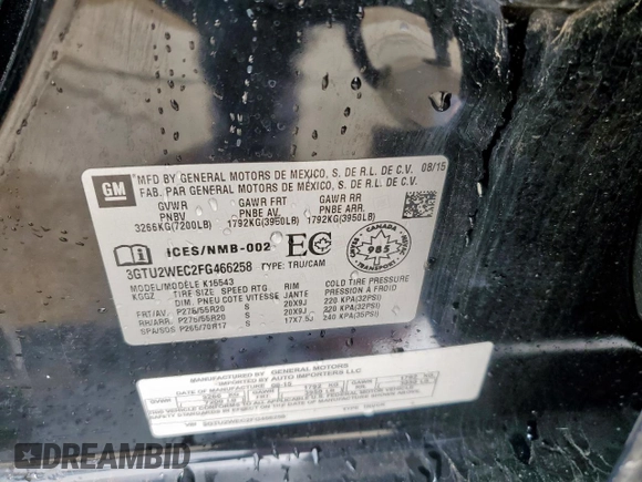 2015 GMC Sierra 1500 Denali z VIN 3GTU2WEC2FG466258, wystawiony jako Copart lot #56240285 z przebiegiem 118 487 mil mil oraz Szkoda całkowita • Salvage title. Historia ofert i sprzedaży dostępna na DreamBid. Obrazek 12.